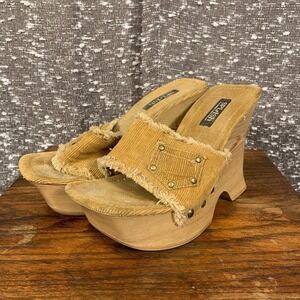 Vintage Y2K Splash Chunky Platform Wedge Sandals Tan Corduroy Women's 6.5